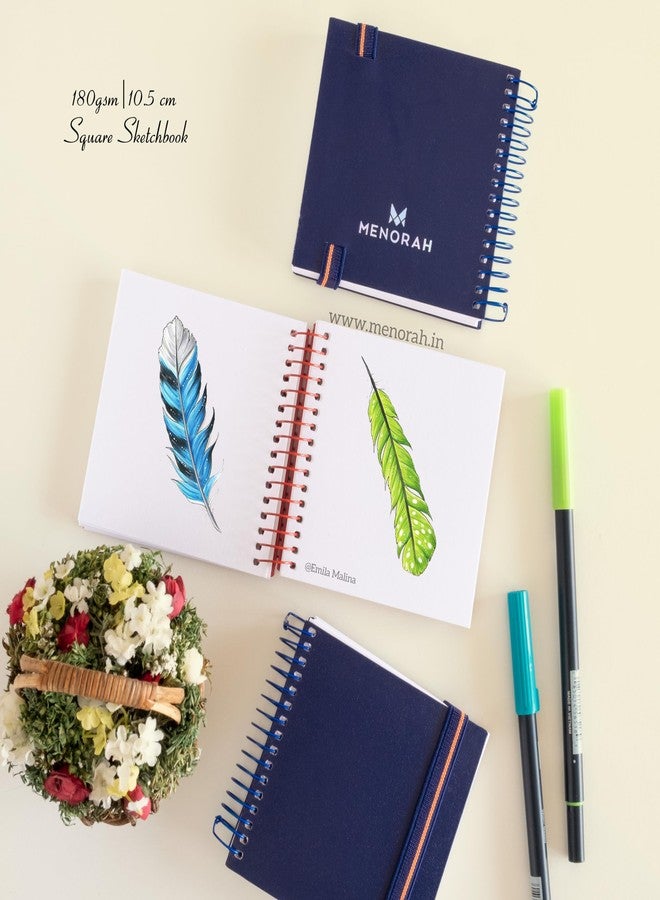 MENORAH مينورا - دفتر رسم فني - مربع - 180 غرام/م² - الحجم (10.5 × 10.5 سم) عبوة من 2 - دفتر رسم صغير الحجم للسفر - 100 صفحة/50 ورقة - غلاف معدني حلزوني متين - كتاب فني (أزرق داكن) - Image 4